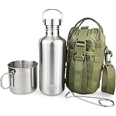 Pubgeer Canteen 42oz Single Wall Water Bottle with 24oz Nested Camping Cup and Carrier Bag, Stainless Steel, Bushcraft Gear, Wide Mouth Water Bottle, Survival Gear, Water Boiler, Self Reliance