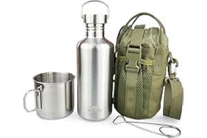 Pubgeer Canteen 42oz Single Wall Water Bottle with 24oz Nested Camping Cup and Carrier Bag, Stainless Steel, Bushcraft Gear, Wide Mouth Water Bottle, Survival Gear, Water Boiler, Self Reliance