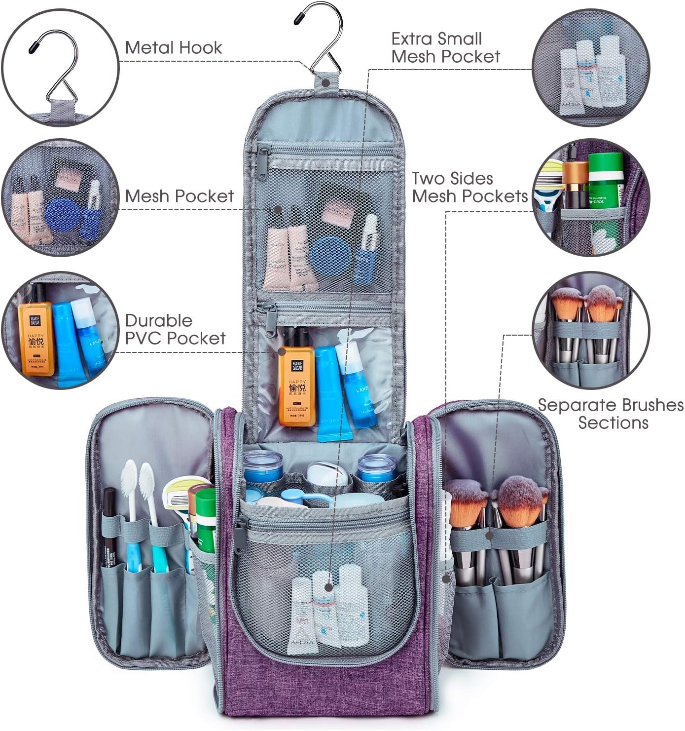 Hanging Travel Toiletry Bag Cosmetic Make up Organizer for Women and Men (Purple)