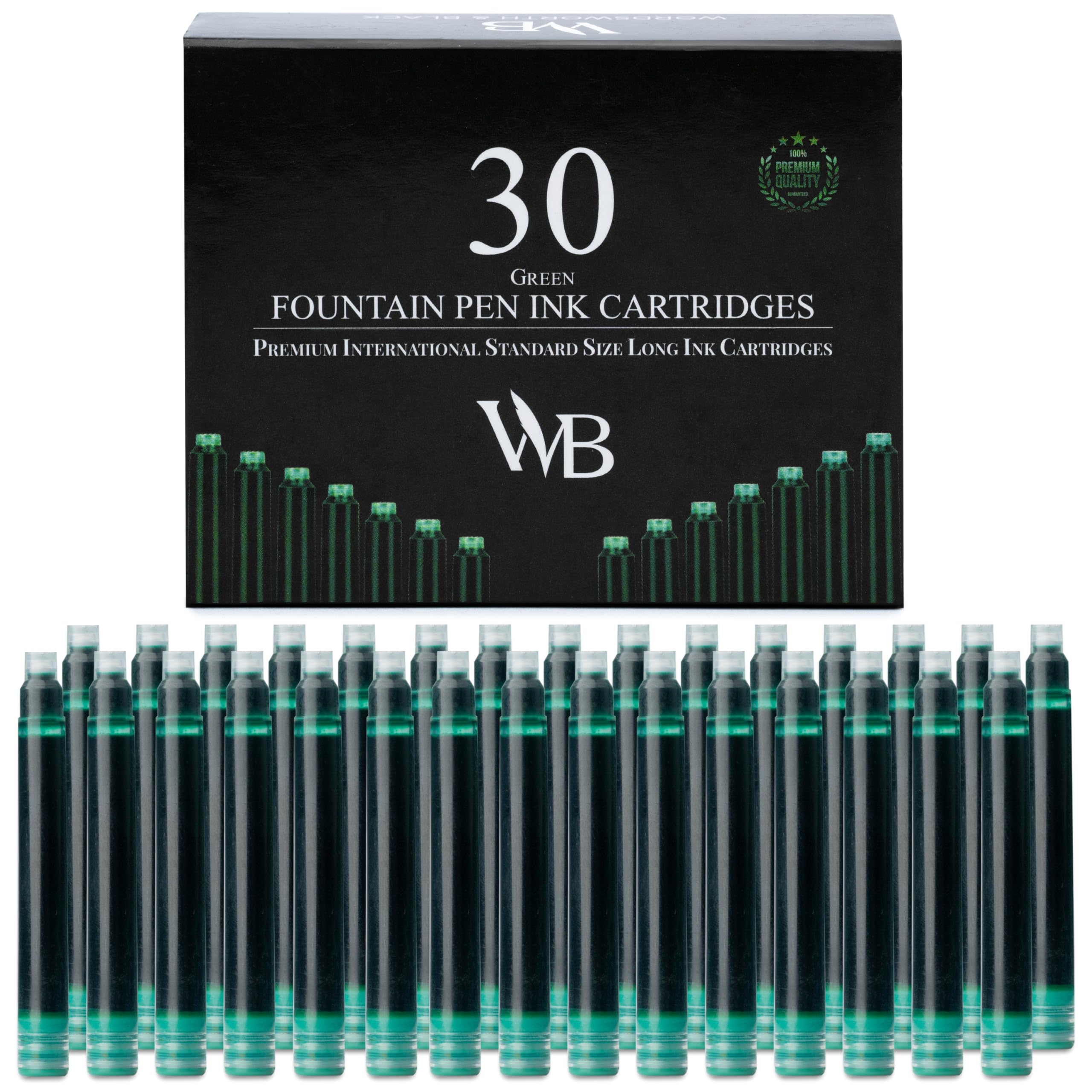 Wordsworth & Black Fountain Pen Ink Refills - Set of 30 Green Ink Cartridges - International Standard Size - Length APPR 2.3" - Base Diameter APPR 0.24 Inch - Disposable and Generic