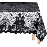 Irenare Halloween Spider Web Tablecloth Black Lace Gothic Party, 53 x 69 in | Haunted Theme Overlay for Masquerade Dinner, Scary Movie Nights, Bat Ghost Pattern, Reusable Spooky Atmosphere Decor