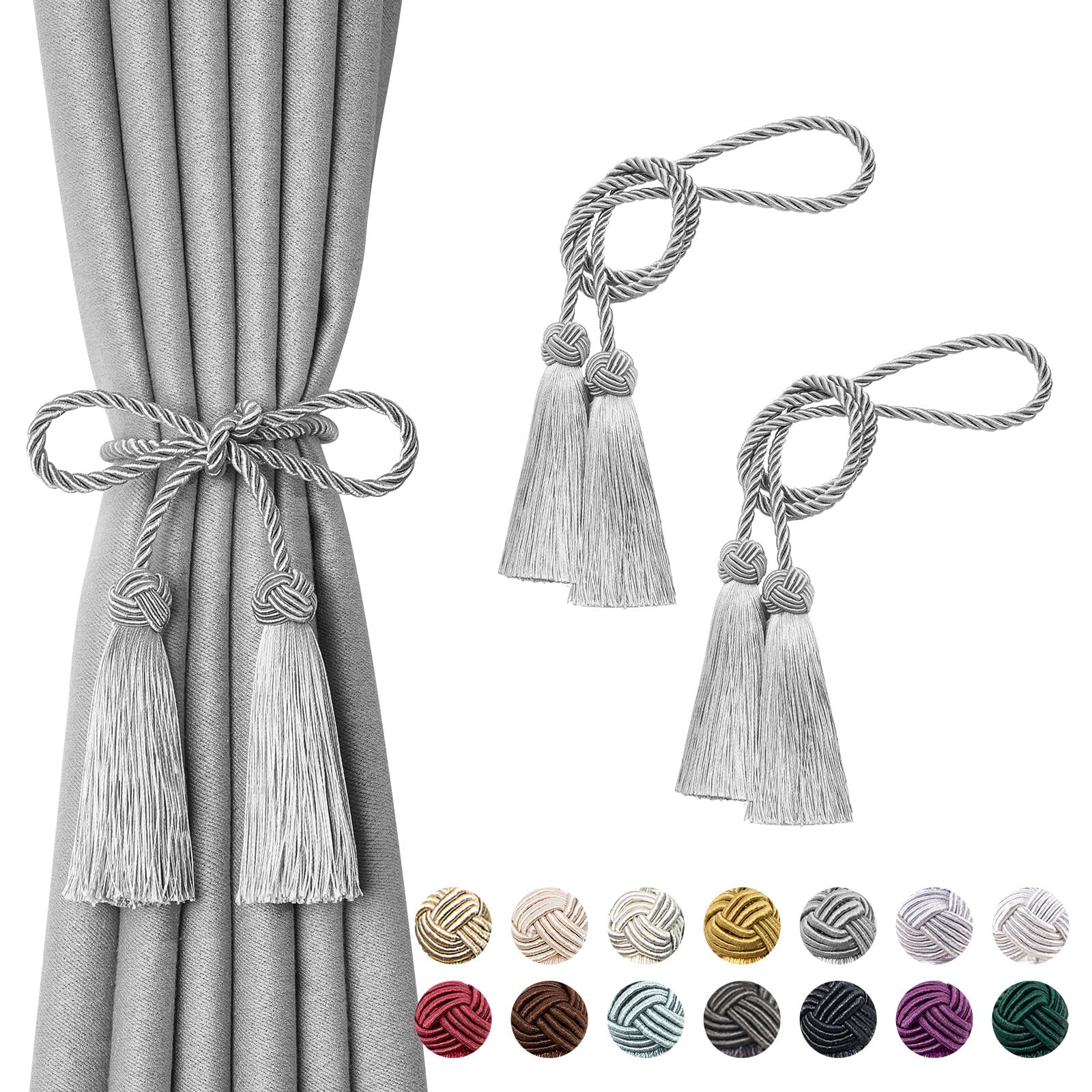 Pretty Jolly 2 Pack Double-ended Tassel Curtain Tiebacks Handmade Braided Rope Knot Drape Tie Backs European Style Decorative Curtain Holdbacks for Home & Office Window Drapery (Grey)