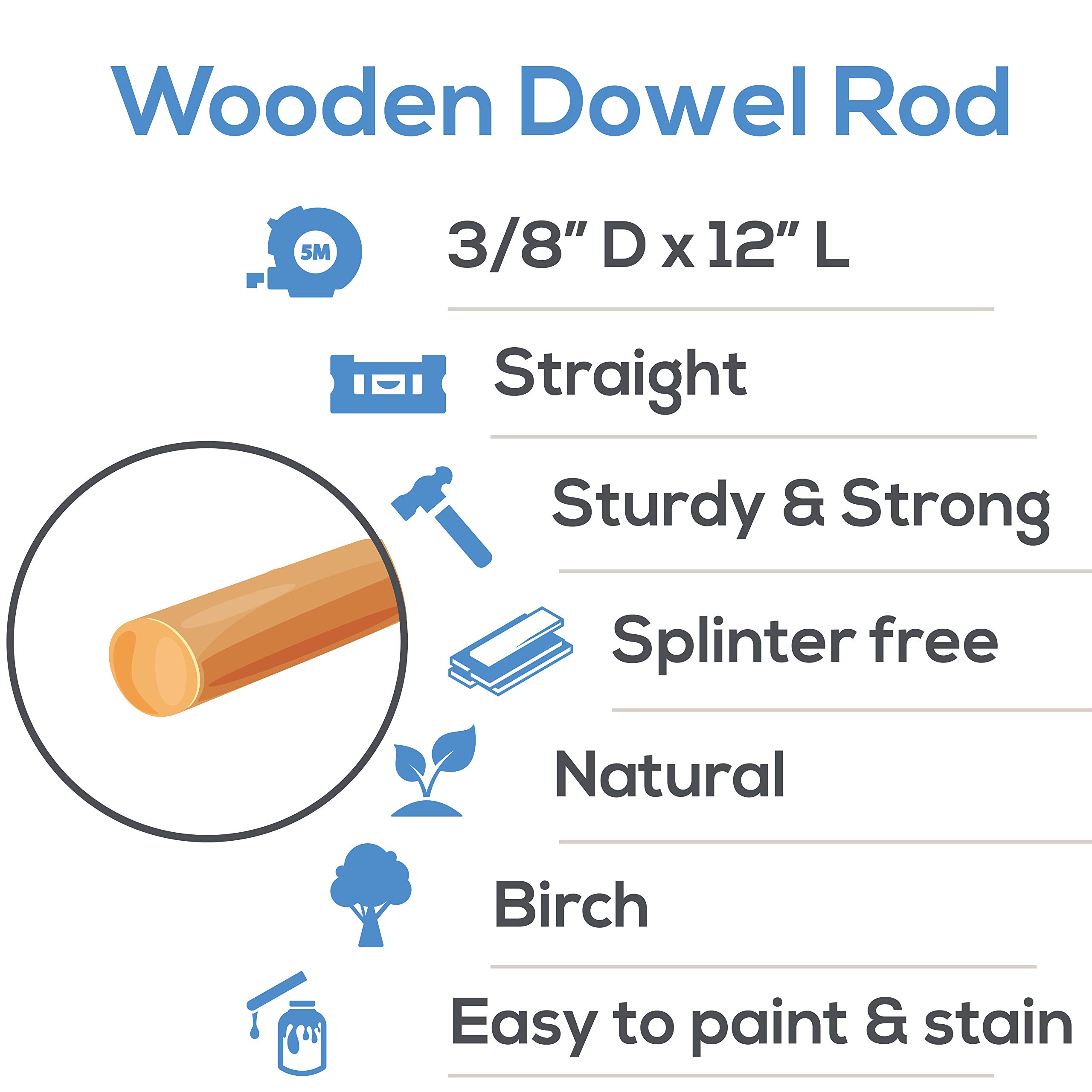 Wooden Dowel Rod, 3/8 Inch x 12 Inch Wood Dowels, Pack of 25 Wooden Dowels for Crafts, Unfinished Hardwood Wooden Dowels Rods, Strong Wood Rod Dowels for Crafting and DIYers