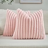 FUTEI Valentine's Day Pink Throw Pillow Covers Set of 2, 18x18 Inch Soft Faux Rabbit Fur Striped Texture Cushion Cases, Modern Decorative Couch Pillows for Living Room Bed