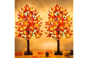 SURCVIO 2 Pack 24 Inch Prelit Fall Maple Tree Decorations with 48 LEDs Timer Fall Battery Operated Light Up Artificial Pumpkin Acorn Lighted Maple Tree for Thanksgiving Harvest Table Home Indoor Decor