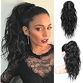 FLUFYMOOZ Ponytail Extension, 18 Inch Claw Clip Ponytail Extension, Wavy Curly Claw Clip in Ponytail Hair Extensions, Natural Fake Ponytail Synthetic Hairpiece for Women (Natural Black)