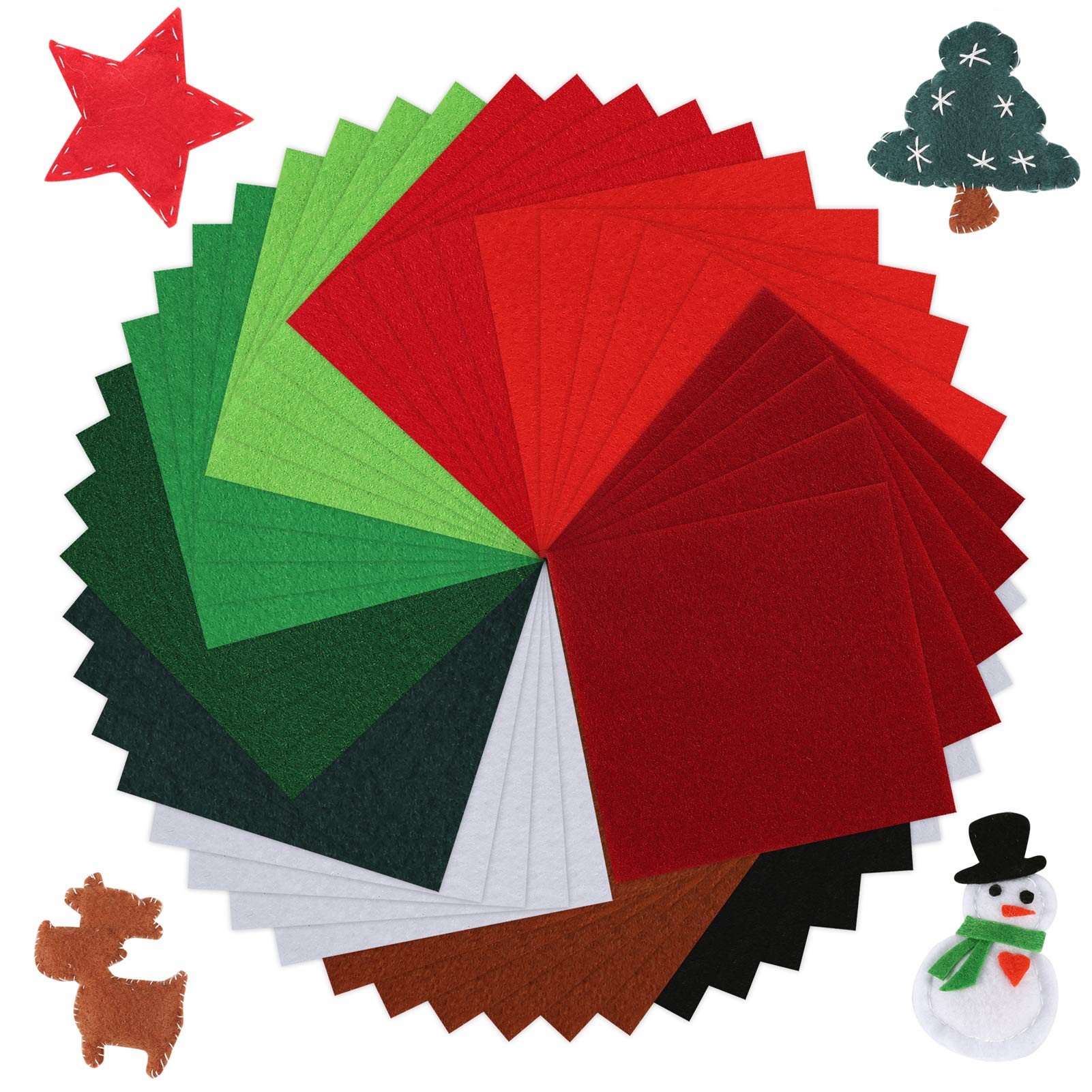 Pllieay 50 Pieces Soft Christmas Felt Fabric Sheets, 4 by 4inch, 1.4mm Thick Multi-Purpose for DIY Art Making and Christmas Decorations, 10 Colors