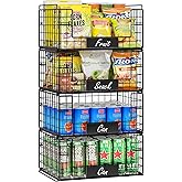 JKsmart 4 Pack XXL Stackable Wire Baskets with Handles for Pantry Storage and Organization,Fruit and Vegetable Basket with Name Plates,Metal Storage Bins for Snack Can Fruit Veggies