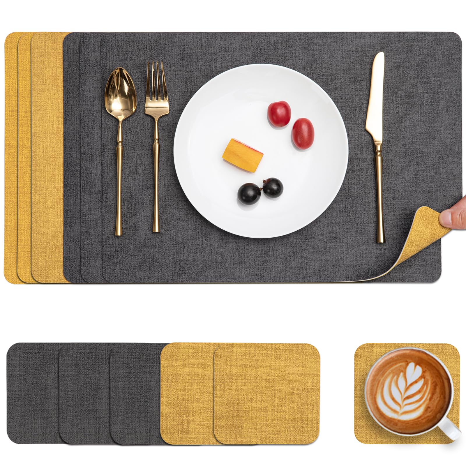 Myir JUN Placemats and Coasters Set of 6, Place Mats Dual Sided Faux Leather Table Mats PU Indoor Outdoor Heat Resistant Placemat Square Non Slip Wipeable Washable Dining Restaurant (Grey Yellow)