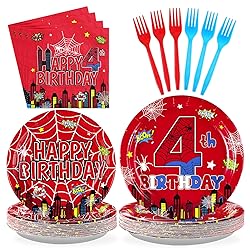 Grencian 96Pcs Spider 4th Birthday Party Supplies