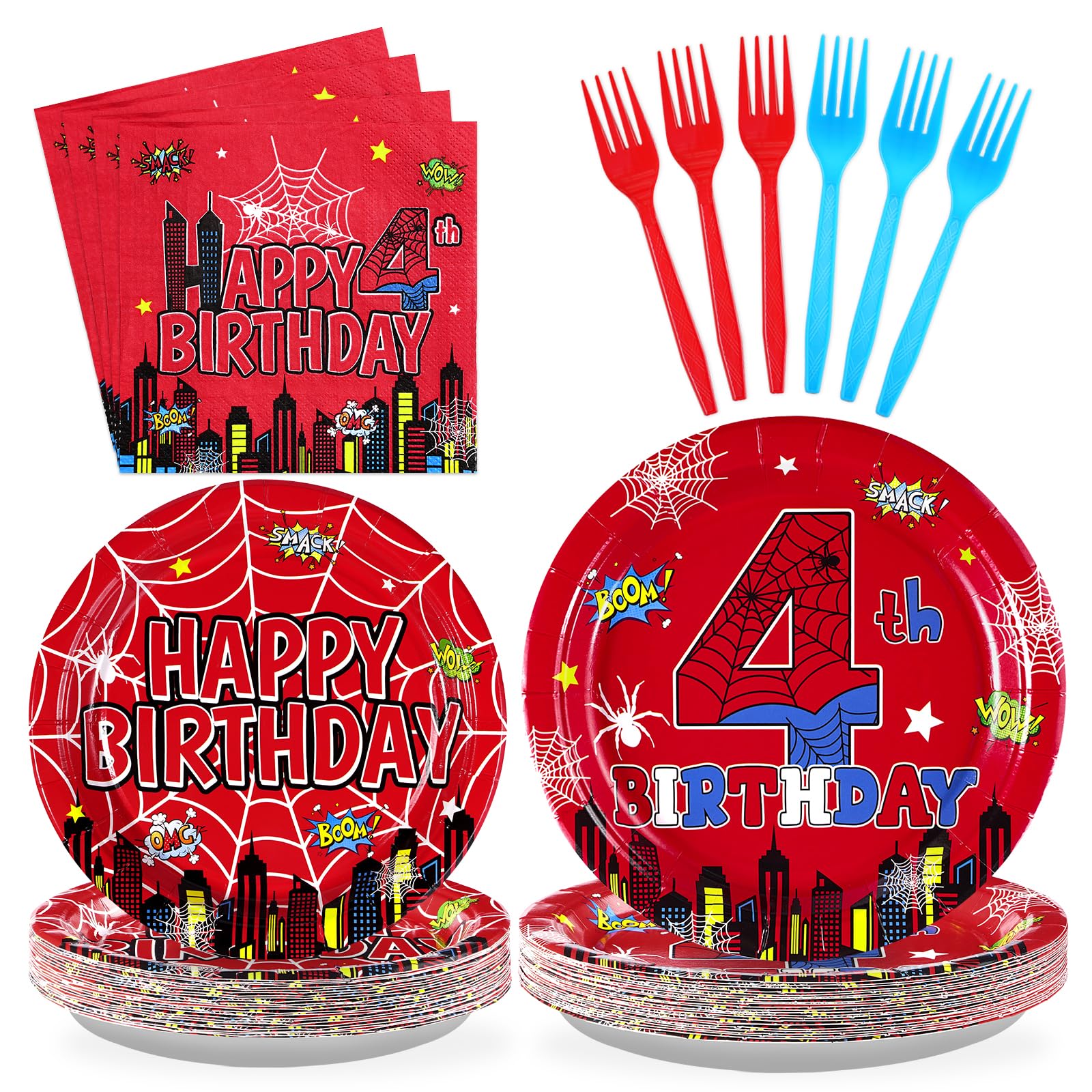 Grencian 96Pcs Spider 4th Birthday Party Supplies