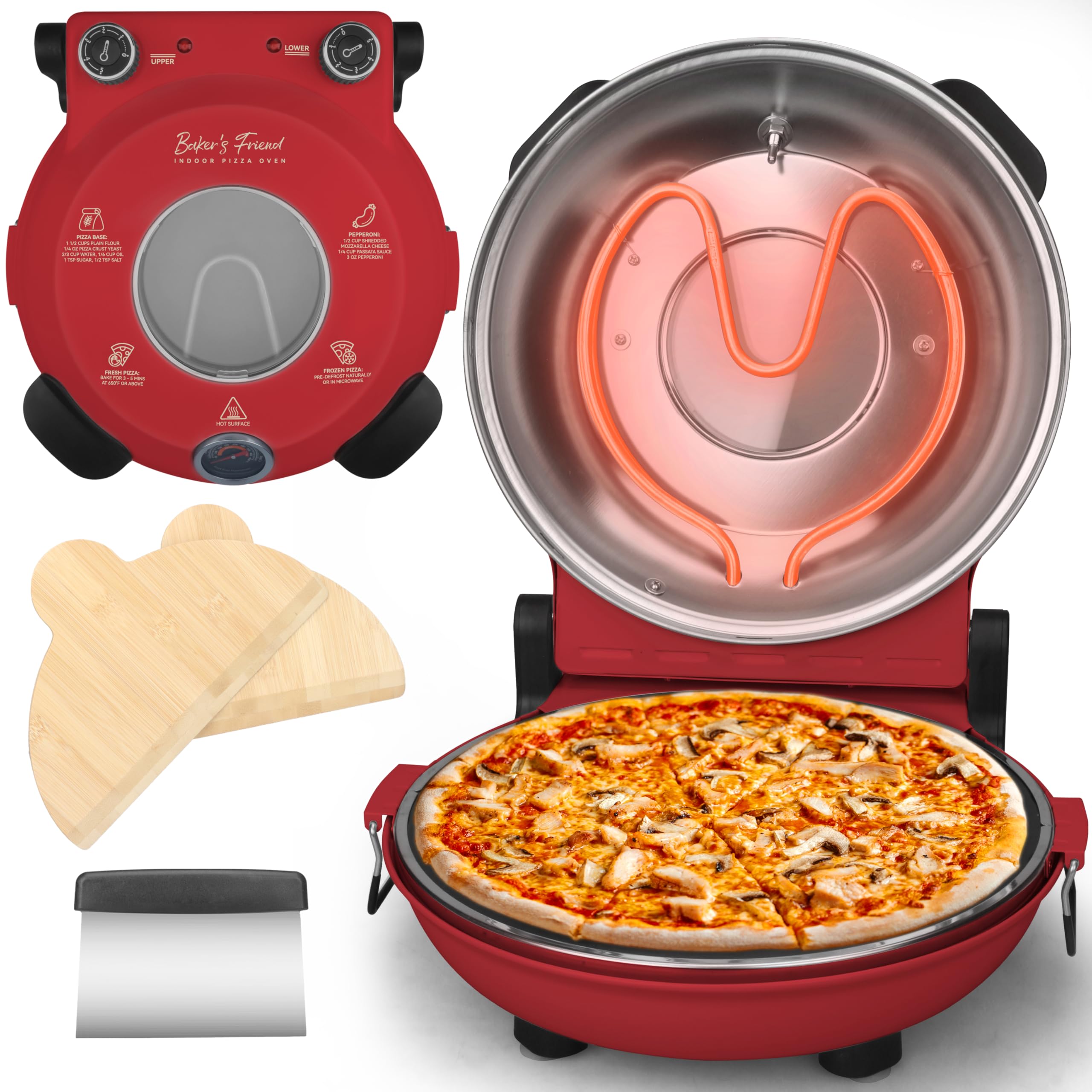 Photo 1 of Baker’s Friend Electric Pizza Oven Indoor Countertop, 12 Inch Pizza Maker Machine for Home, Pizza Cooker & Pizza Grill, Premium Glazed Ceramic Stone Pizza Oven, Chilli Red