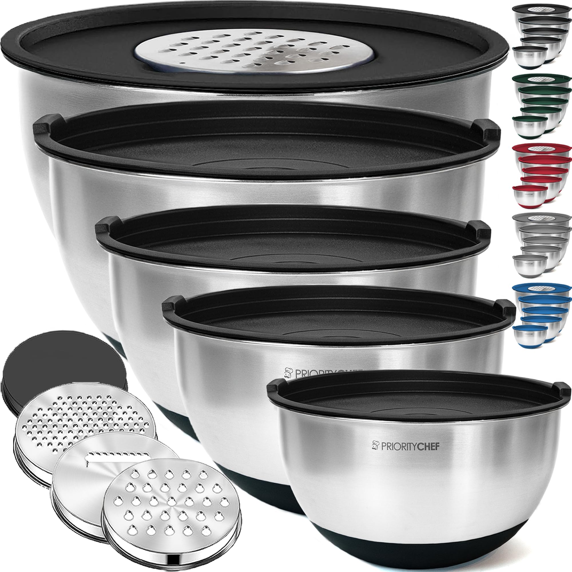 Photo 1 of **MISSING PARTS**
Priority Chef Stainless Steel Mixing Bowls with Lids Set, 3 Grater Attachments, Airtight Lids, Non-Slip Silicone Base Mixing Bowl Set, Large Prep Metal Mixing Bowls for Kitchen, Black