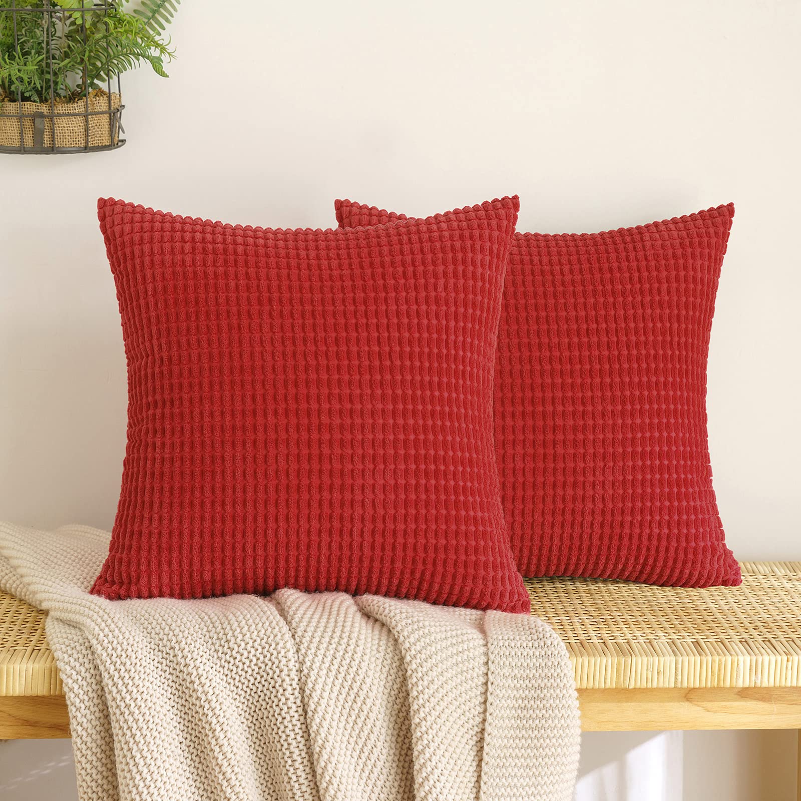 EMEMA Corduroy Granule Throw Pillow Covers Decorative Cushion Covers Square Soft Pellets Solid Pillowcase for Sofa Bedroom Red 16x16 Inch 2 Pieces — image 1