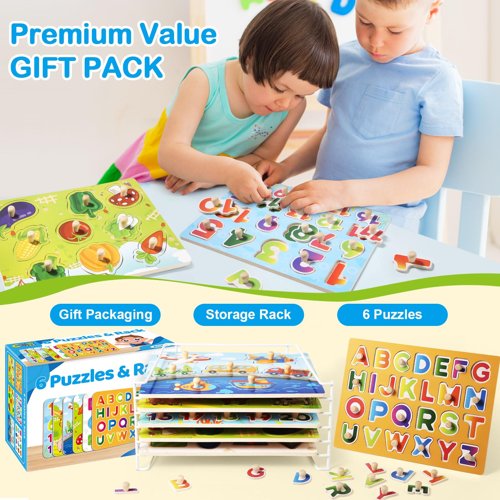 Wooden Puzzles for Toddlers 1-3, 6 Pack Peg Puzzles with Wire Puzzle Holder Rack for Kids, Learning Educational Puzzles for Baby Puzzles 12-18 Months, Alphabet Number Animal Vehicle Montessori Toys