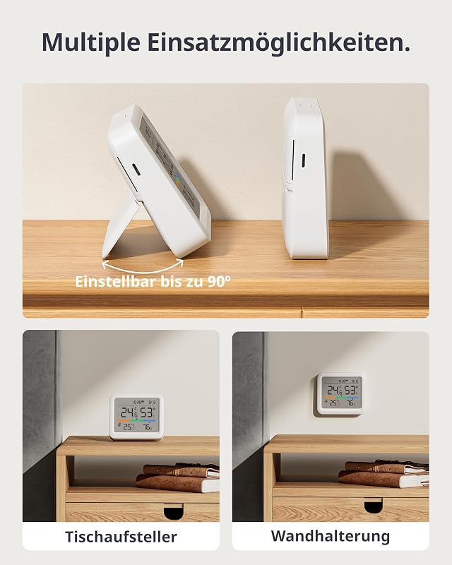 Hygrometer Thermometer Innen, Temperatursensor mit Datum/Wettervorhersage/Intelligenter Warnung, Kostenloser Datenspeicher-Export, SwitchBot Hub und Außenmeter erforderlich für Wetterstation
