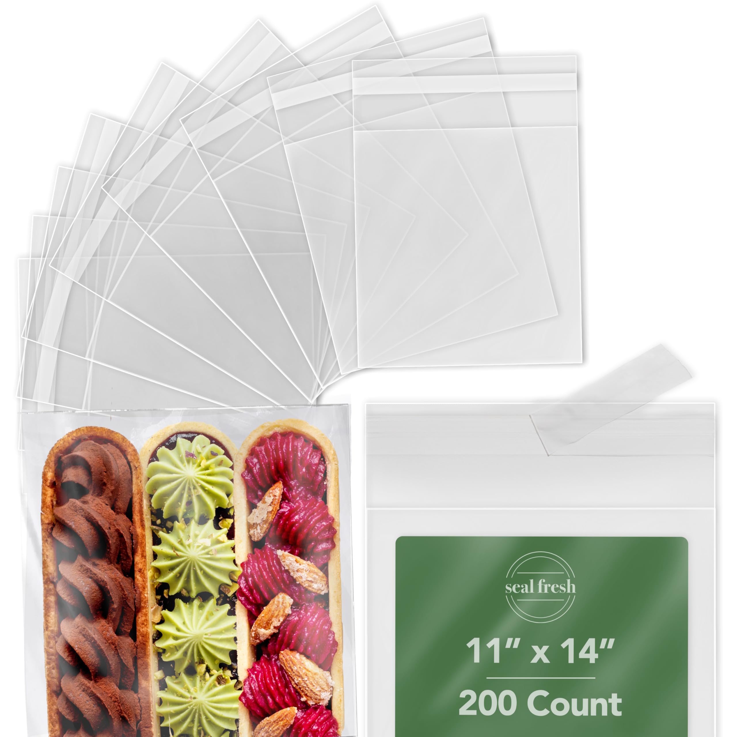 Photo 1 of Seal Fresh Cellophane Bags – 11" x 14" (200 Count) – Clear Plastic Resealable Self Sealing Cellophane Bag – Cellophane Treat Bags, Cookie Bags for Packaging, Candy Bags, Cello Bags, Pastry Bags