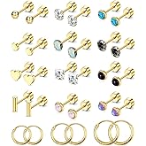 PLOMFOV Flat Back Earrings Gold Earrings for Women Men Stainless Steel Earrings Set CZ Heart Opal Surgical Steel Earrings Gold Studs 20G Cartilage Hoop Earrings Hypoallergenic for Sensitive Ears