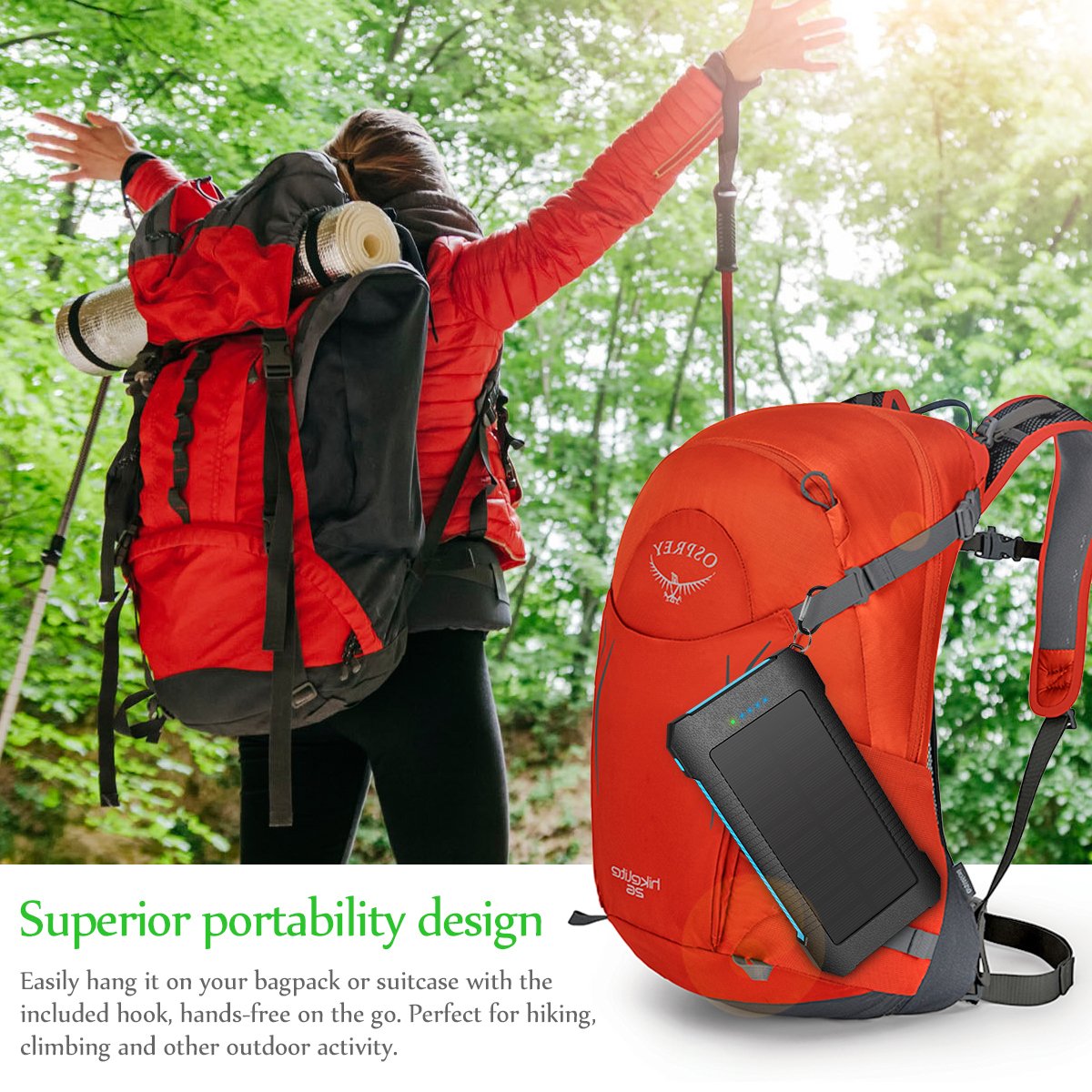 Batterie Externe X-DNENG 22000 mAh Chargeur Solaire Power Bank Portable avec Entrées Micro-USB et Type-C, Imperméable Batterie Chargeur avec 3 Sorties Haute Vitesse de Charge, Powerbank avec Lampe Torche pour iPhone Téléphones Android Galax