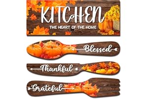 YLOLUL 4 Pieces Fall Pumpkin Kitchen Decor Eat Sign Set Fork and Spoon Wooden Hanging Wall Decor Art Rustic Country Farmhouse Kitchen Maple Fall Wall Art Sign for Dining Room Home