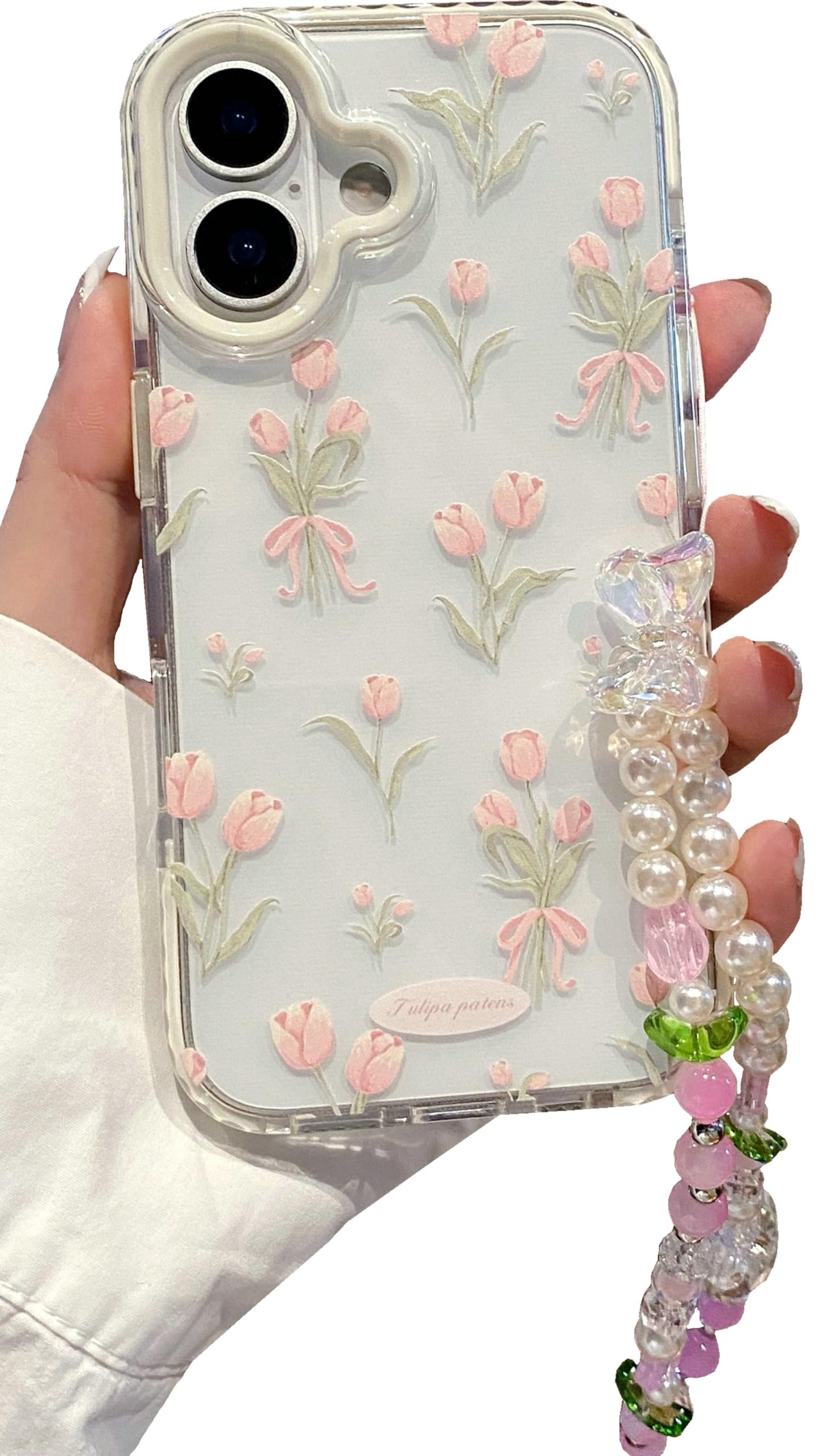 JANDM for iPhone 16 Case with Flowers Strap, Clear Pink Tulip Floral Pattern with Cute Pearl Leaf Charm Wrist Keychain, Soft Women Girls Shockproof Protective Cover