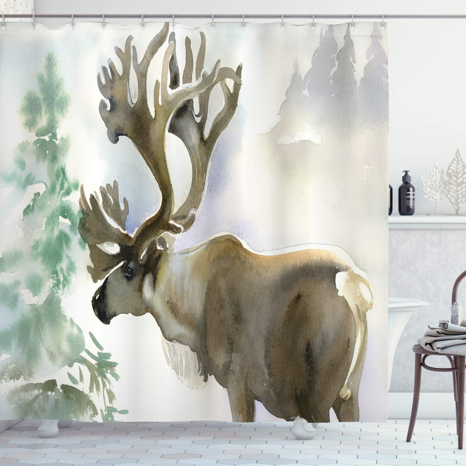 ABAKUHAUS Antlers Shower Curtain, Moose in Winter Forest Wildlife Reindeer Christmas Theme Watercolor Painting Style, Cloth Fabric Bathroom Decor Set with Hooks, 86 Inches Extra Long, Beige Green