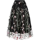 Women Vintage Floral Embroidered Tulle Midi Skirt 50s Party Elastic High Waist A-line Swing Skirts