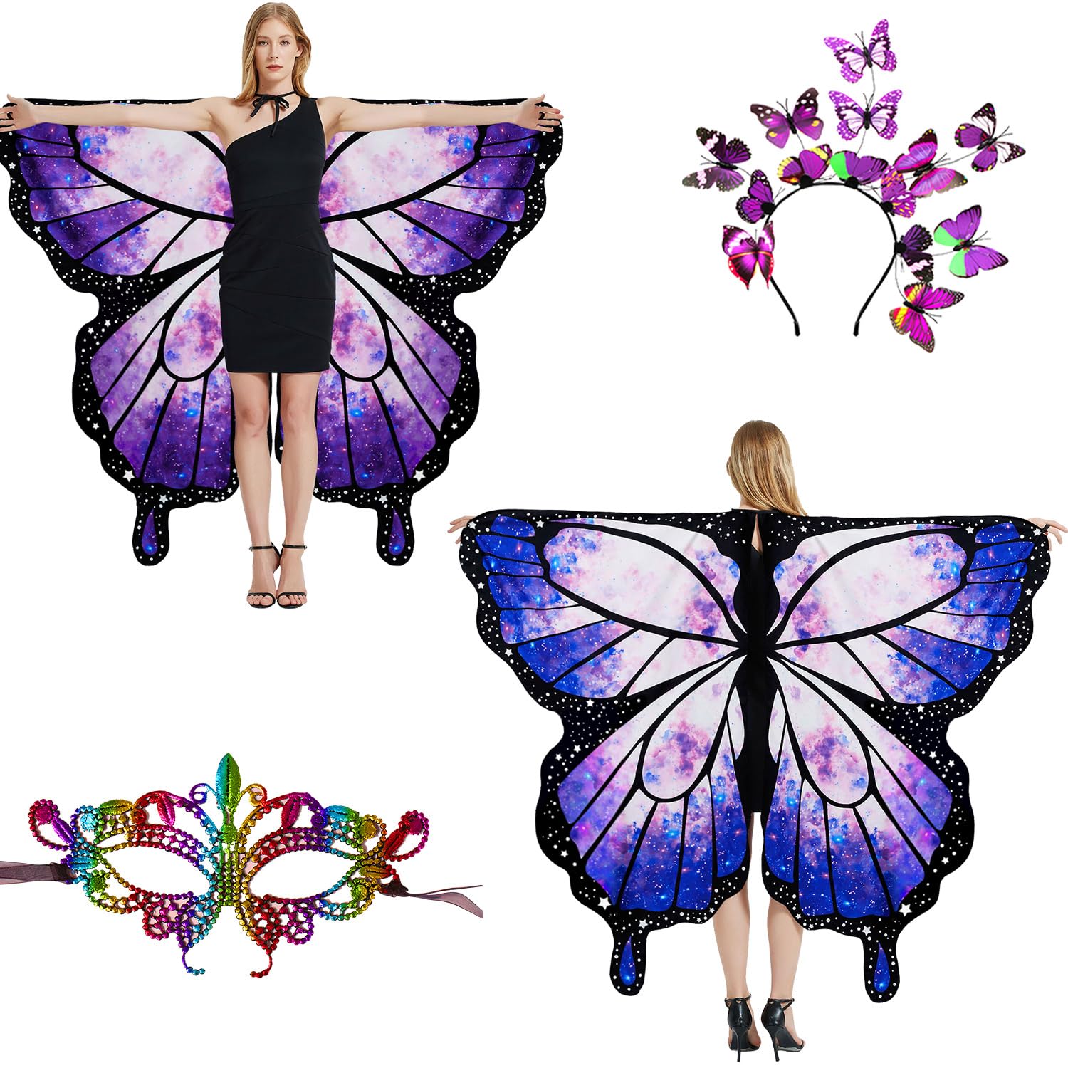 LYL. Ling Halloween Costumes Adult Women，Double-Sided Butterfly Wings Adults，Purple Butterfly Costume for Women，3PCS Fairy Wings Set.