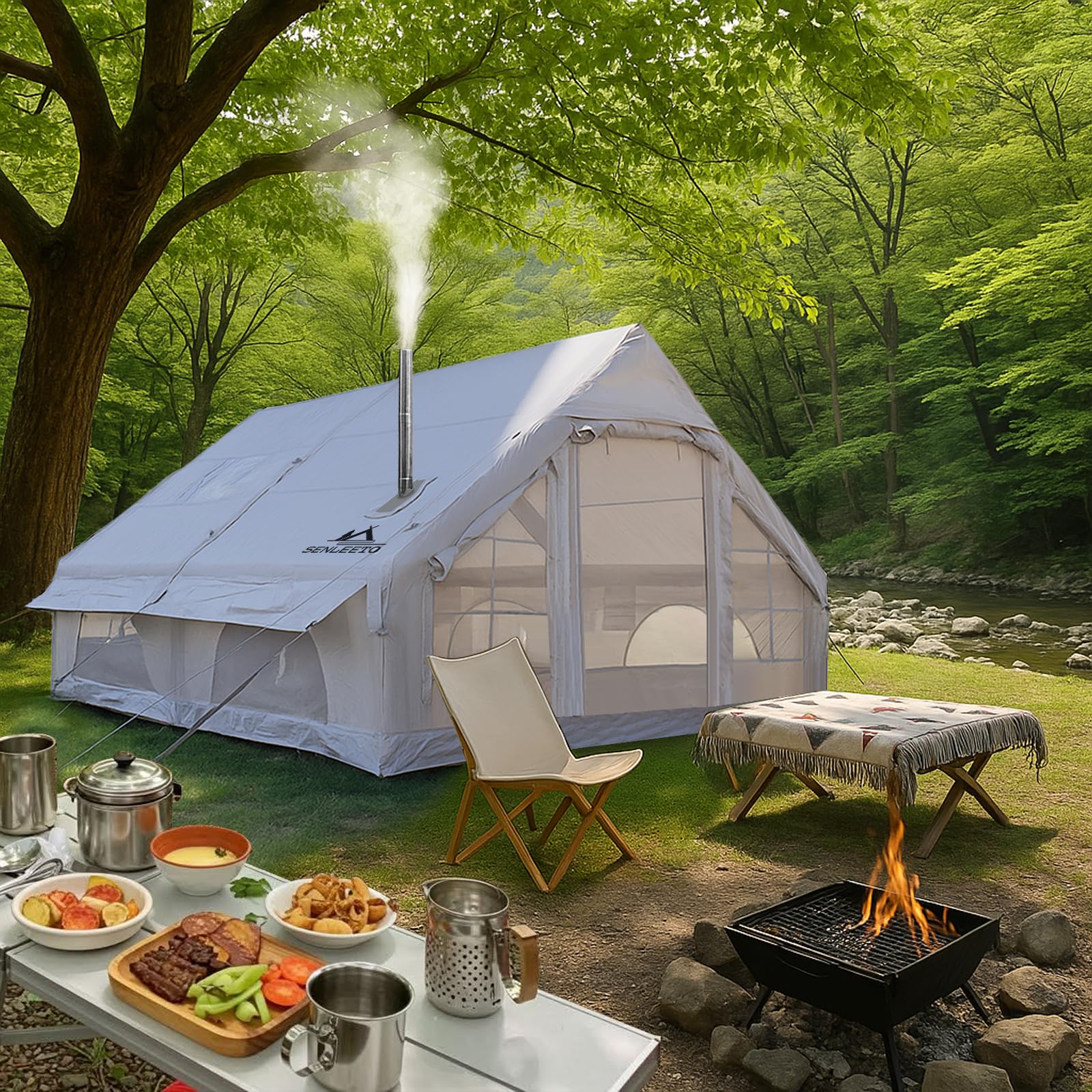 Photo 1 of 13' x 10' Large Inflatable Tent 8-10 Person Inflatable Cabin House, 4 Season Blow Up Tent for Camping with Stove Jack, Easy Setup Hand Pump, Waterproof & Sunproof Glamping Hiking