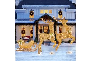 WONDER SOLAR Christmas Clearance Reindeer Outdoor Lighted Decoration 4.5 FT Xmas 3-Piece Warm LED Lights Reindeer and Sleigh Outside Decor, Outdoor Holiday Decorations for Home, Yard, Garden