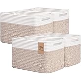 Storage Baskets for Organizing, 4 Pack Baskets for Shelves, Decorative Storage Bins for Shelves, Cotton Rope Storage Basket with Handles, Woven Basket for Storage, 13''Lx8.7''Wx7.9''H, White & Brown