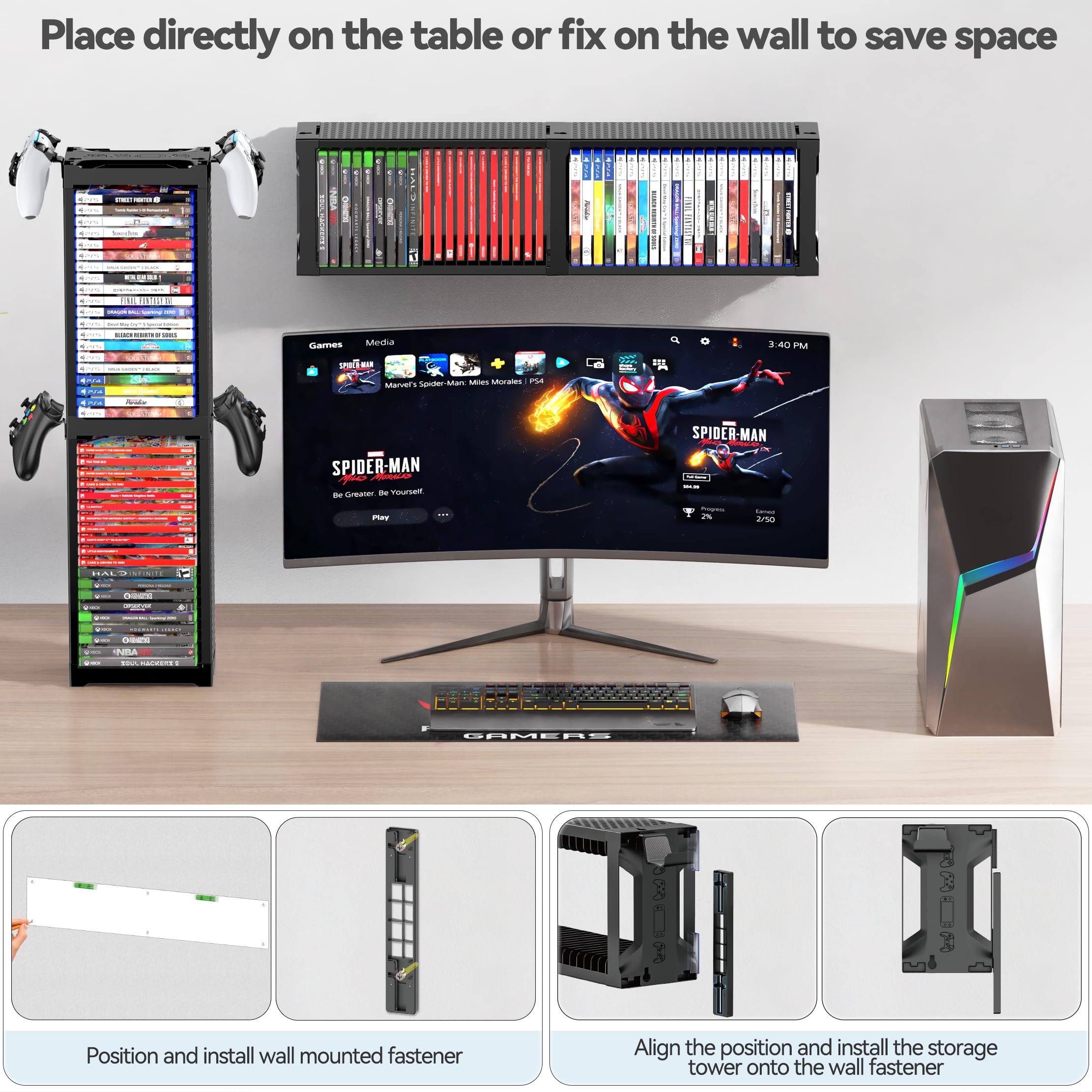 Kytok Spiele Aufbewahrung Game Storage Tower mit Controller Ständer, Spiele Organizer Wandhalterung für Nintendo Switch 2/ PS5/ PS4/ Xbox, Gaming Shelf für 20 Spiel Discs, Gaming Zubehör 2 T 4