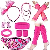 Hicarer 18 Pcs 80s Accessories for Women Girls Neon Retro Glow 1980s 90s Party Outfits New Year Costume Pink Fanny Pack Leg Warmer