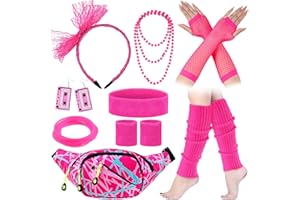 Hicarer 18 Pcs 80s Accessories for Women Girls Neon Retro Glow 1980s 90s Party Outfits New Year Costume Pink Fanny Pack Leg Warmer