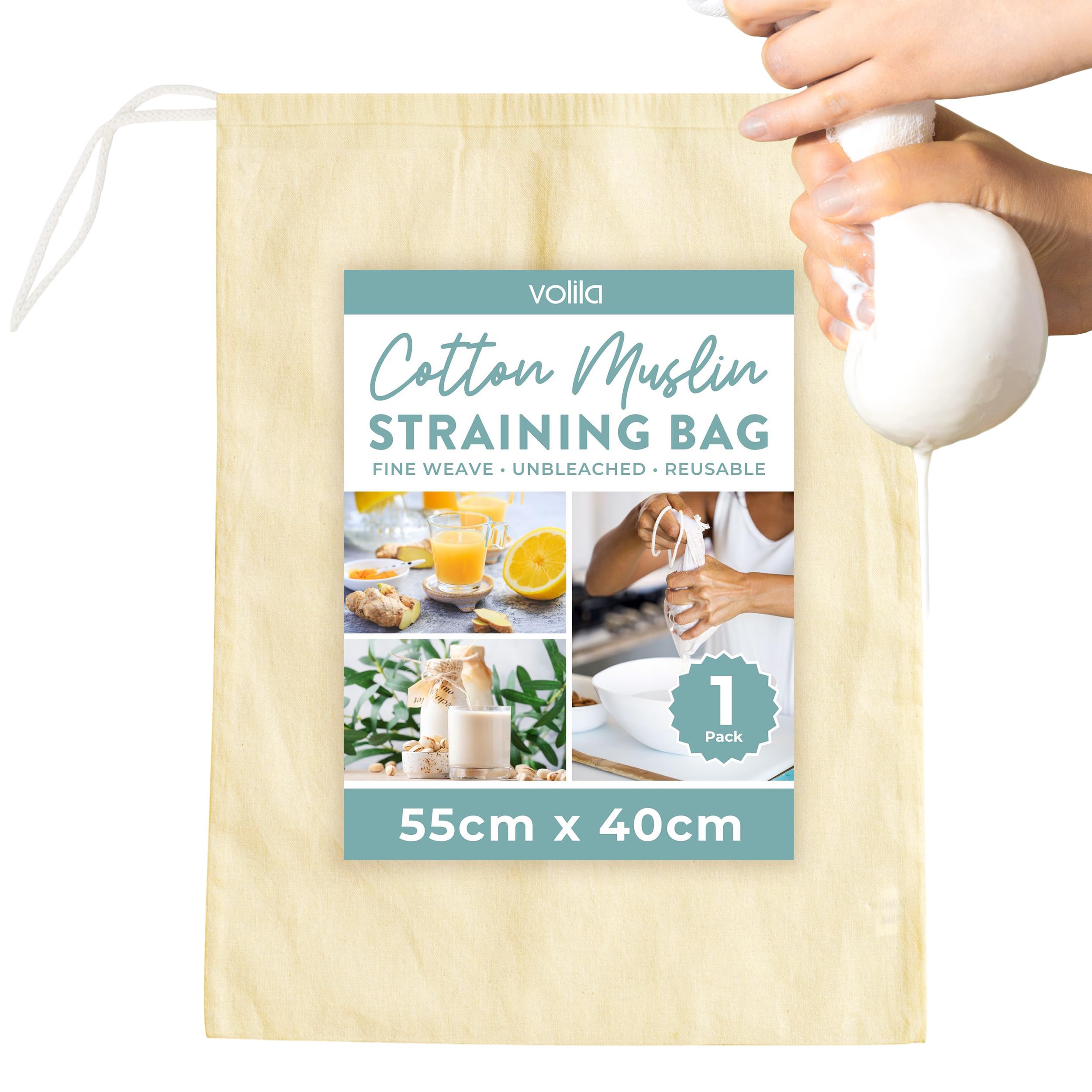 volila Muslin Cloths for Cooking - 55cm x 40cm Reusable Cheese Cloths for Straining, Ultra Fine Unbleached Cotton Strainer Bag with Drawstrings for Juice, Milk, Butter, Cheese