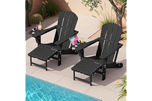 KINGYES Adjustable Folding Adirondack Chair with Footrest & 4-in-1 Multi-Functional Armrest Organizer Set of 2, HDPE Foldable Recliner Adirondack Chair with Pull-Out Ottoman, Black