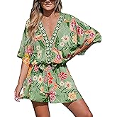 CUPSHE Women's Mini Dress V Neck Floral Half Dolman Sleeve Belted Loose Fit Short Summer Beach Dress