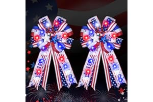 Kenburg 2 Pcs Pre-Light 4th of July Bows, 20 X 12” Large Patriotic Bows for Wreath, Red White Blue Bows American Flag Stars Tree Topper Bow for Independence Day,Memorial Day, Front Door Indoor Decor