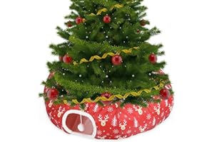 Yeyeplum Christmas Cat Tunnel Bed for Indoor Cats Under Christmas Tree Skirt Tube with Hanging Ball Plush Cat Cave, Washable Holiday Pet Gift Toy & Gift for Kittens(Elk)