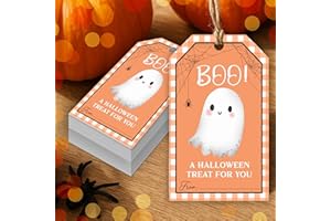 HandEasy 50 Pcs Halloween Tags with String, 2.1"×3.5" Boo Paper Gifts Tags, Ghost Trick or Treat for Candy, Halloween Gifts Tag Wrap for Party Favor - B08