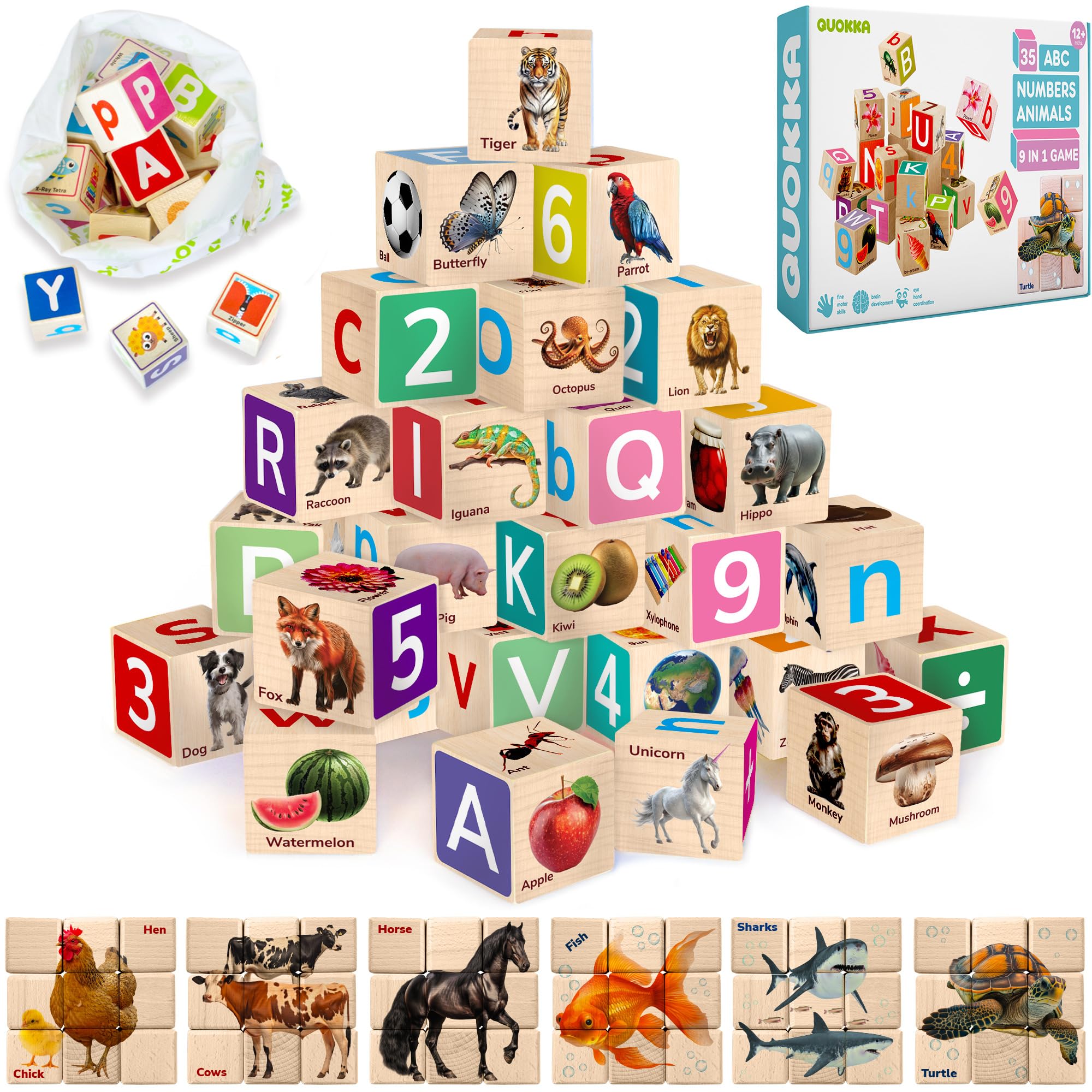 QUOKKA Wooden Blocks for Toddlers 1-3 - Realistic ABC Learning Baby Blocks for Kids 3-5 Year Olds - Stacking Alphabet Wood Toys for 2-4 yo - Learn Letters Numbers