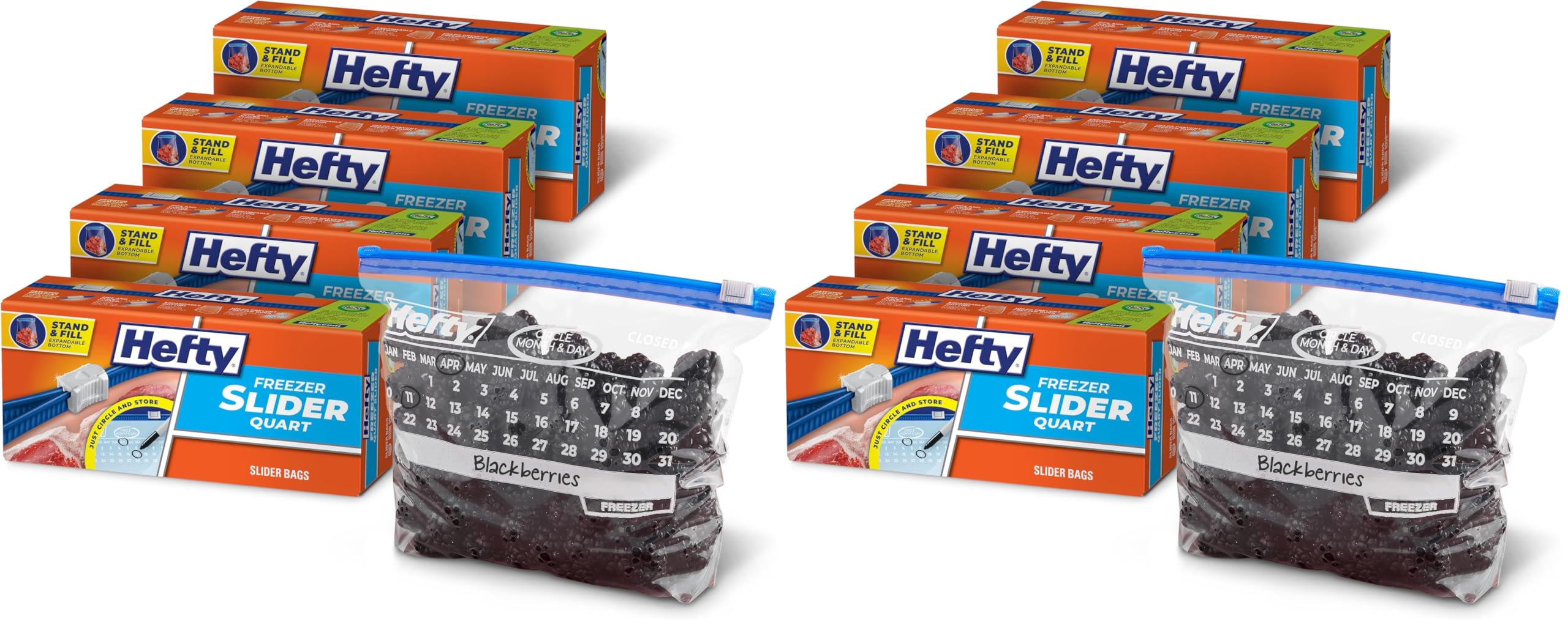 Hefty Calendar Slider Quart Freezer Bags,1 Quart Slider Bags with Stand and Fill Expandable Bottoms,Helps Prevent Freezer Burn,35 Count (Pack of 8) Image