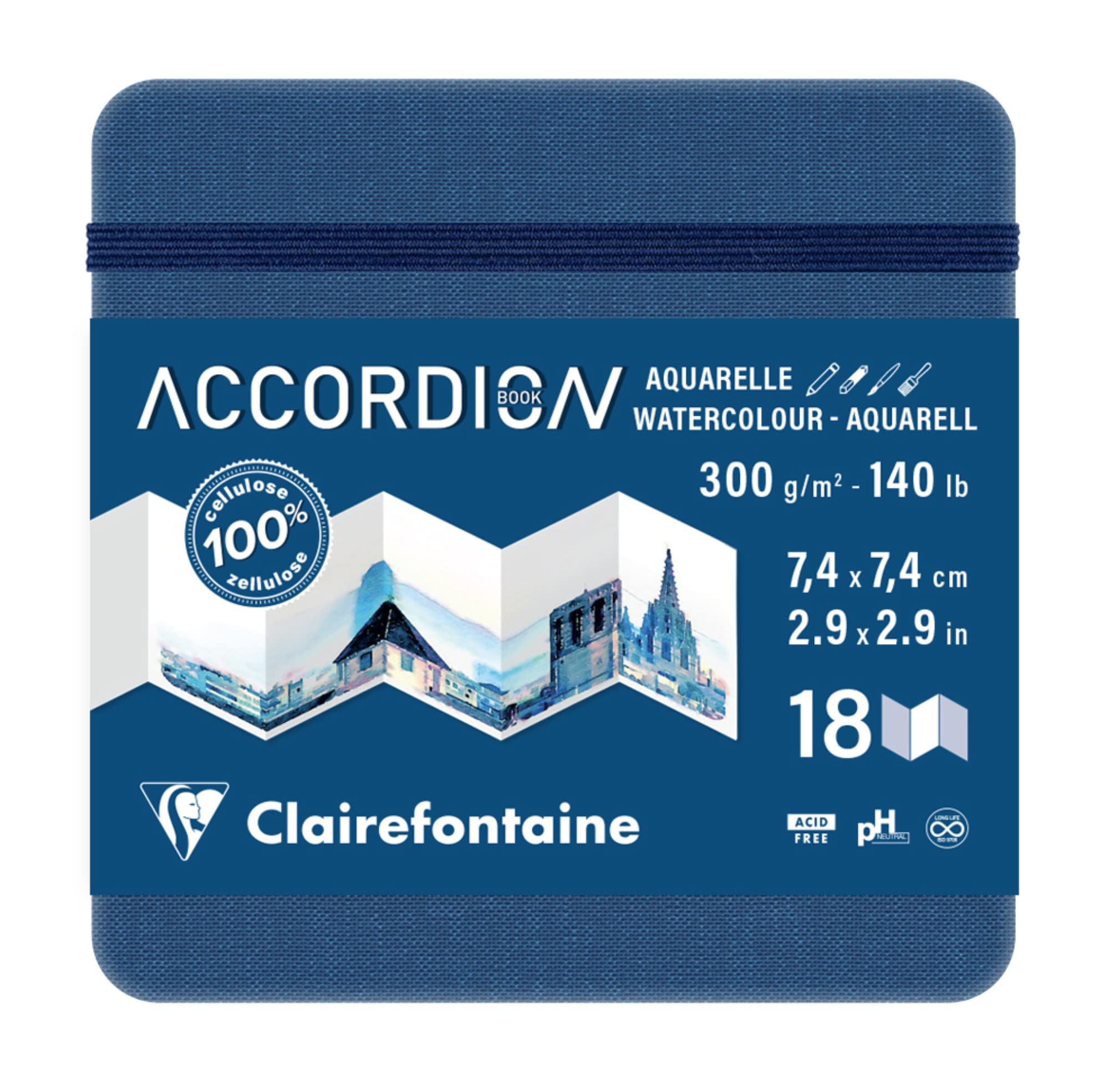 Clairefontaine 975968C - Accordion Travel Journal - 18 Pages of Medium-Fine Grain White Watercolour Paper 7.4x7.4 cm 300g - Ideal for Globetrotting Artists