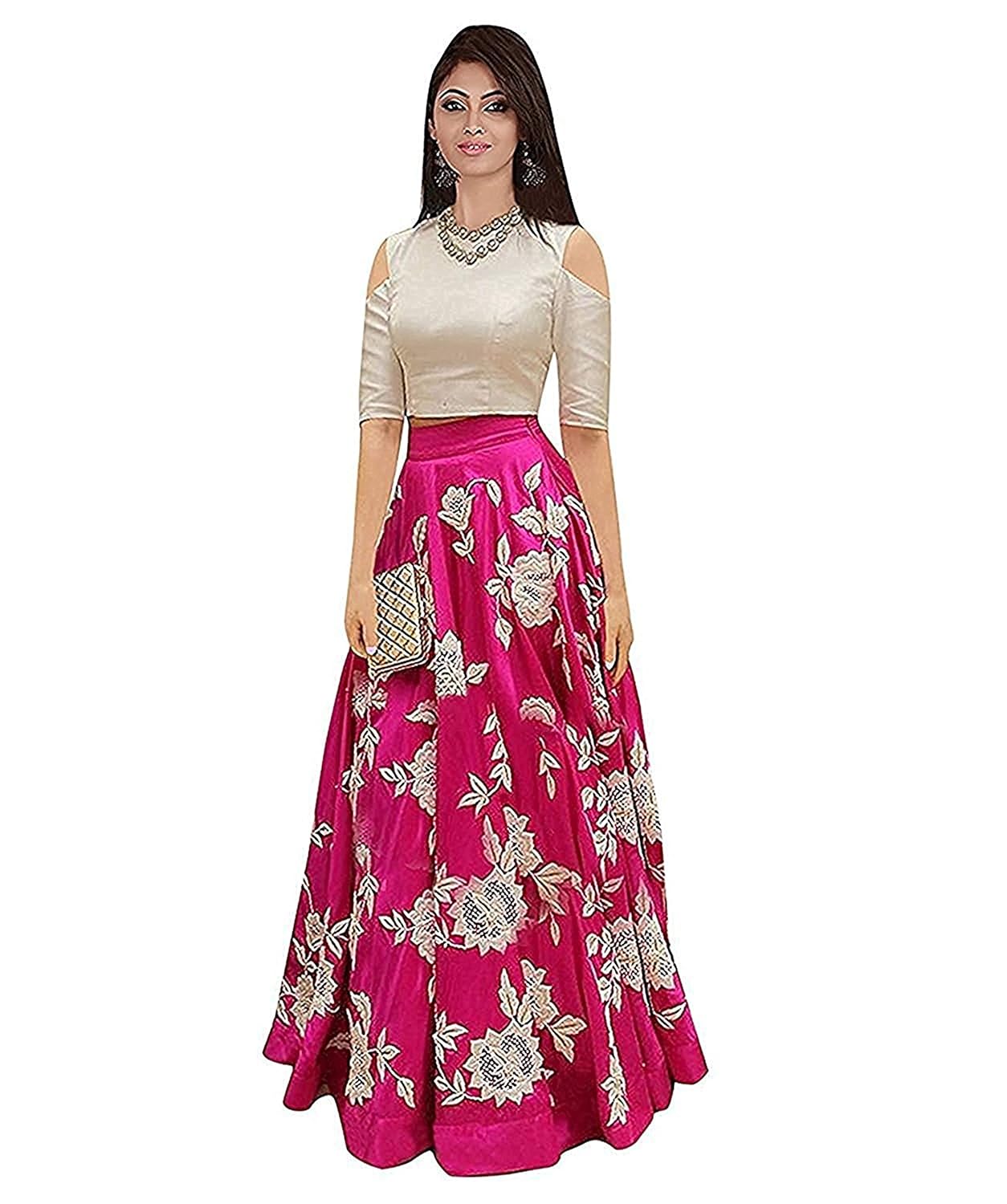 white pari women's tapetta silk lengha choli (pink, free size)