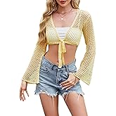 Women Bell Long Sleeve Crochet Top Tie Front Cropped Cardigan Hollow Out Knit Bolero Shrug
