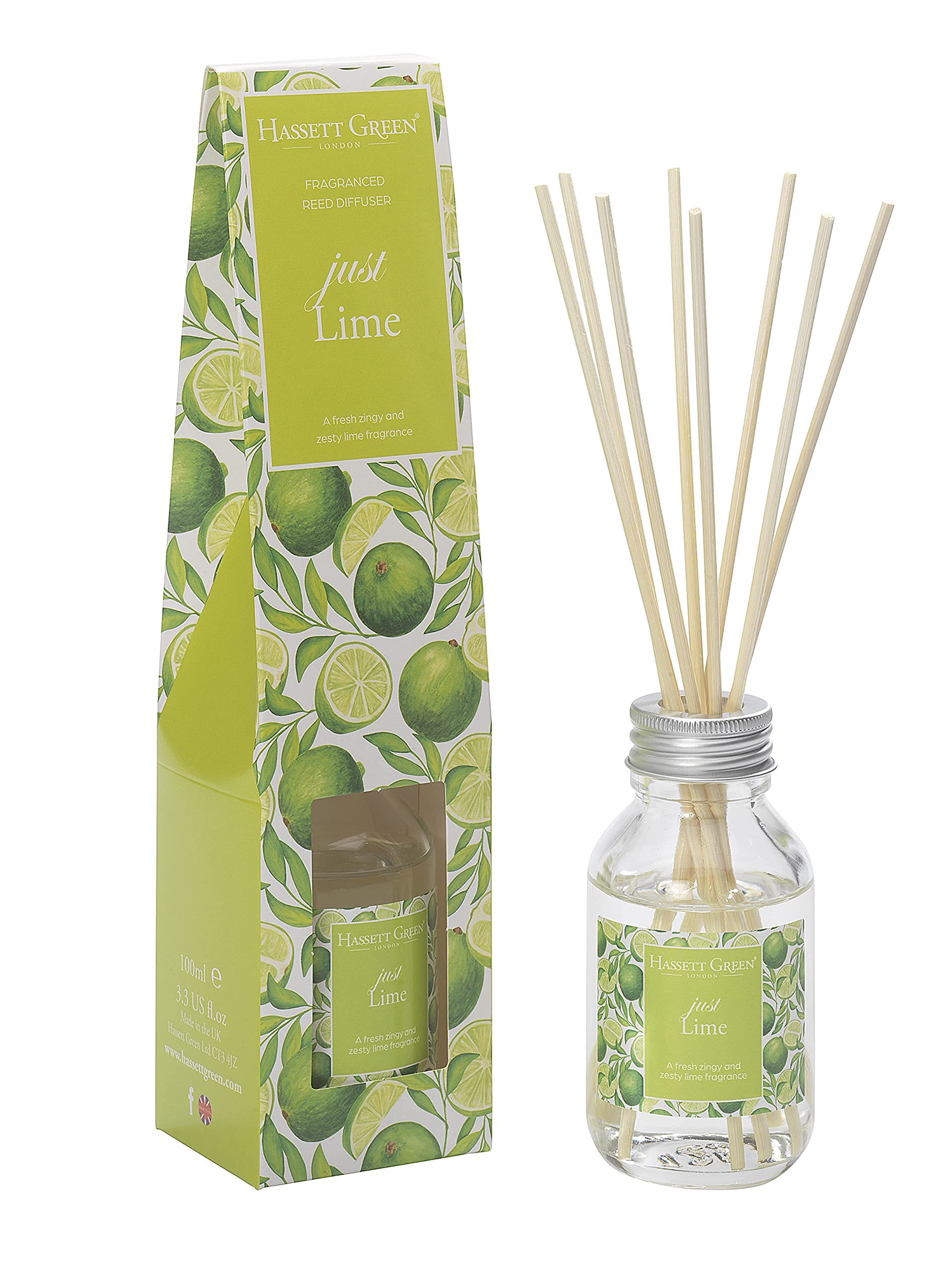 Hassett Green London - Just Lime - Fragrance Oil Reed Diffuser - 100ml Glass Bottle with 8 Rattan Reeds