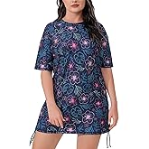 Halcurt Women's Plus Size Short Sleeve Rash Guard Swim Shirt Tie Drawstring UPF50+ Sun Protection Swimsuit Top