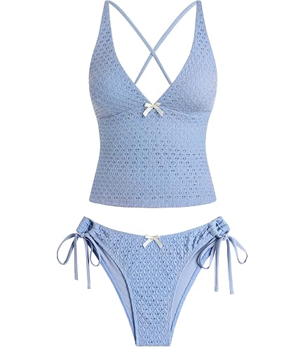 Amazon.com: CIDER V-Neck Gingham Bowknot Lettuce Trim Tankini