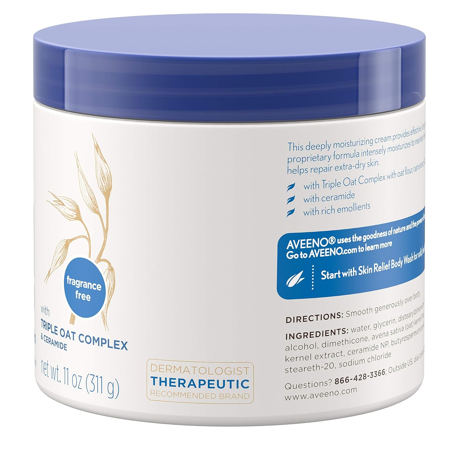 Aveeno Skin Relief Intense Moisture Repair Cream with Triple Oat Complex, Ceramide & Rich Emollients, Steroid- & Fragrance-Free Moisturizing Body Cream for Extra-Dry Skin, 11 oz : Body Lotion : Beauty