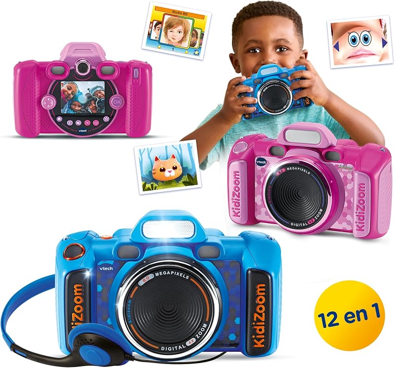 Vtech - kidizoom duo fx azul, câmera fotográfica infantil, selfies, vídeo, tela colorida, estúdio de quadrinhos, filtros e efeitos divertidos, presente para crianças de 4 a 12 anos, conteúdo em espanhol